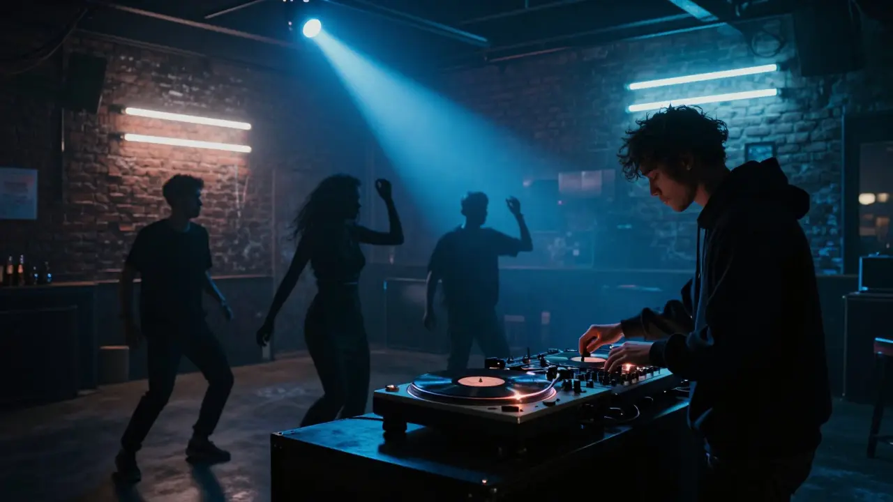 Underground electronic club with silhouetted dancers and glowing vinyl turntables in dim blue light.