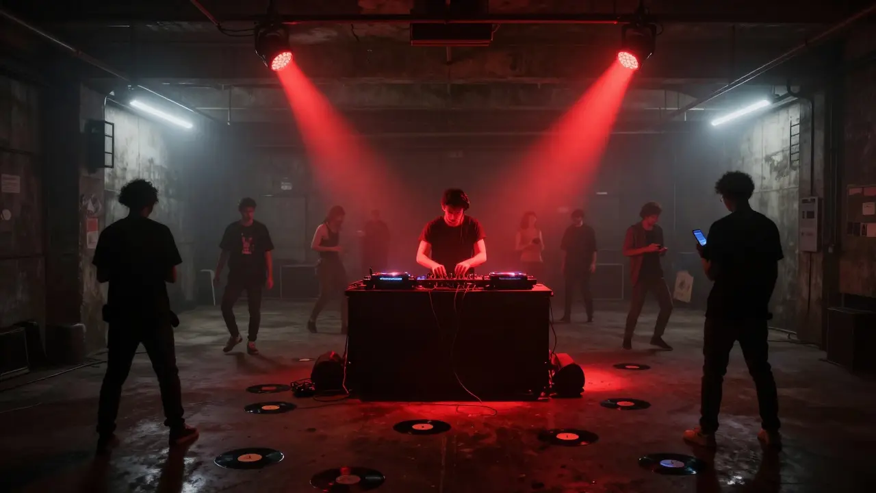Underground techno warehouse in Zone 2 with fog, red lights, and dancers immersed in music.