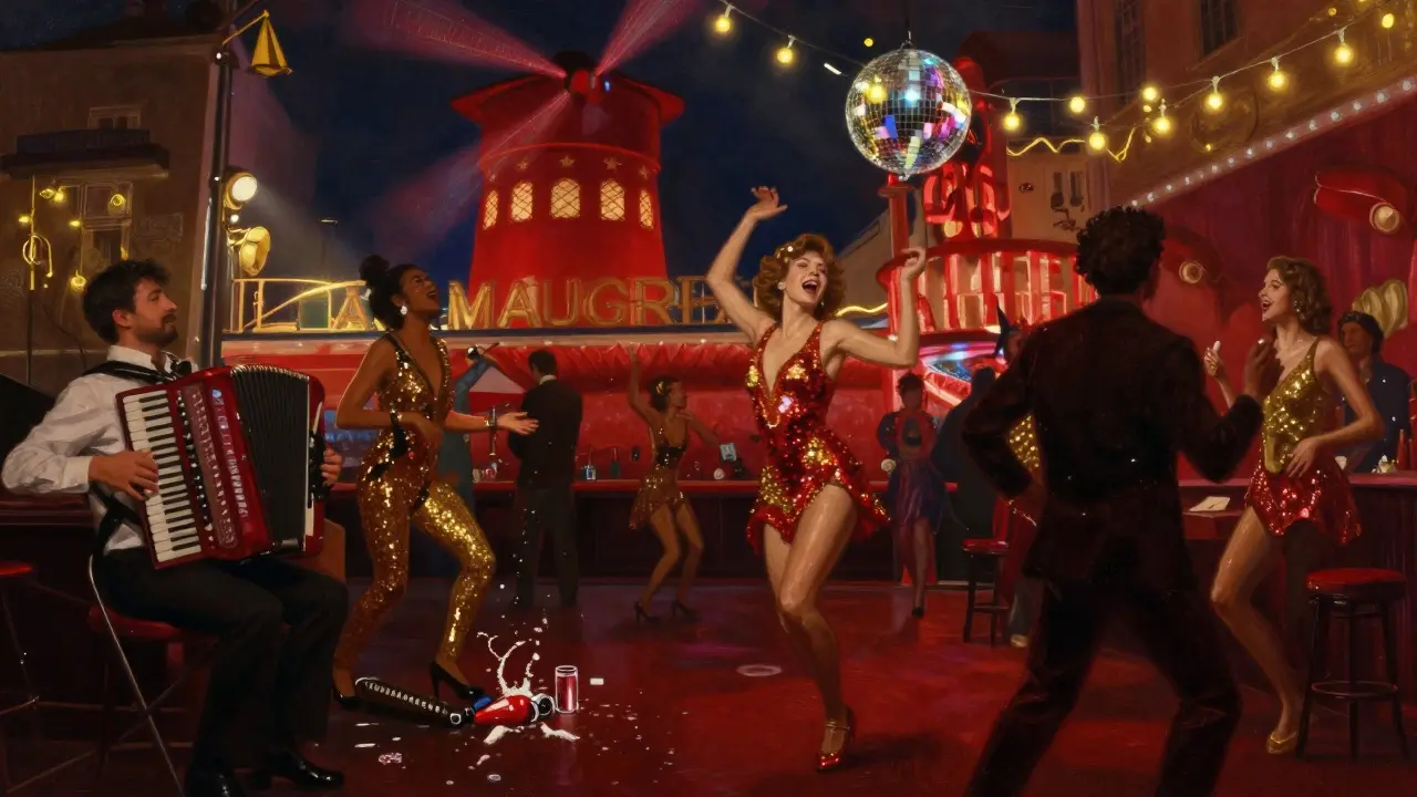 Vibrant backstage party at La Machine du Moulin Rouge with glittering performers and live music.