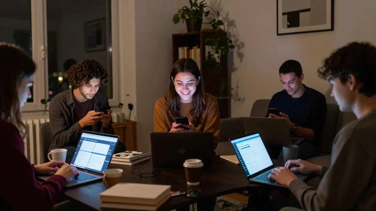 Young professionals in Berlin using encrypted apps at night, soft screen glow in a quiet apartment.