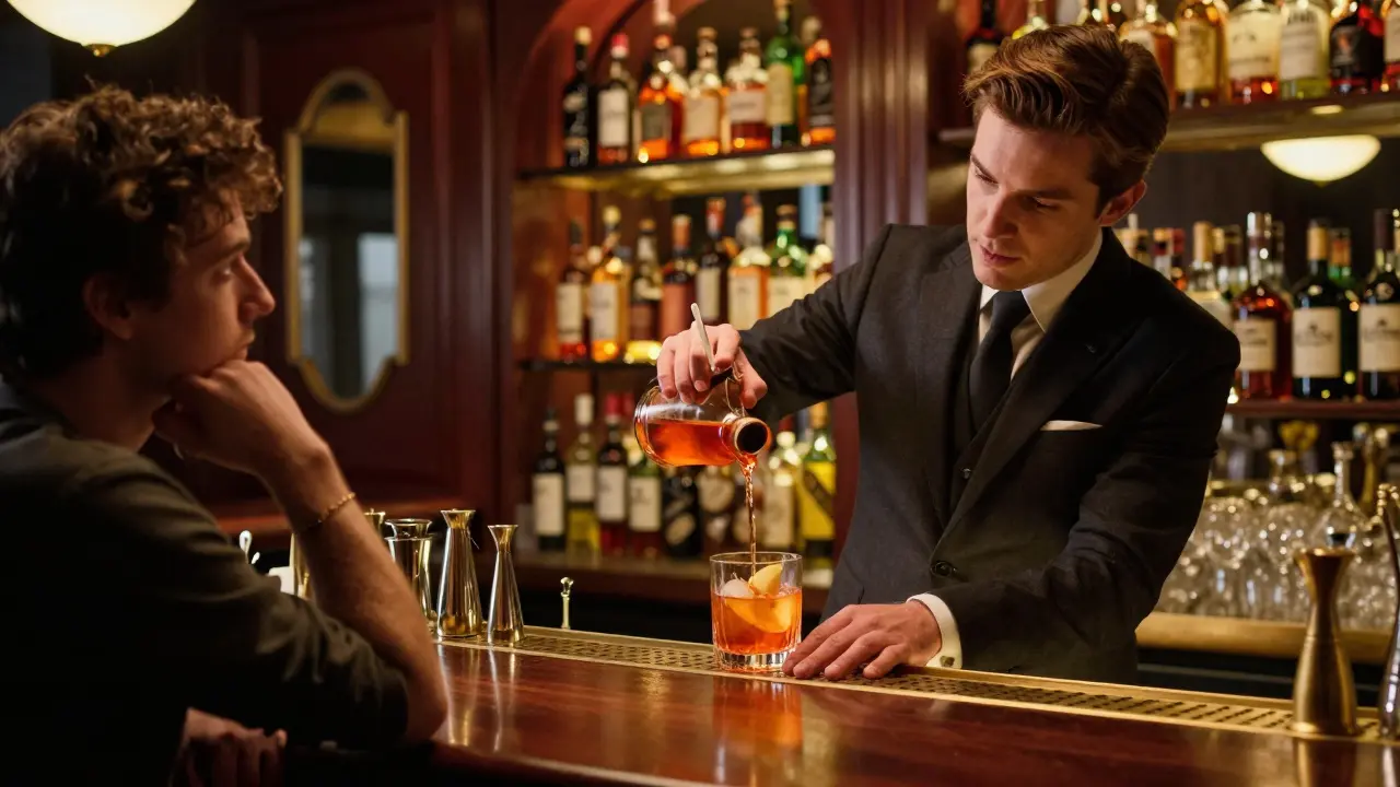A bartender crafting a Negroni Sbagliato in a dim, elegant speakeasy bar.
