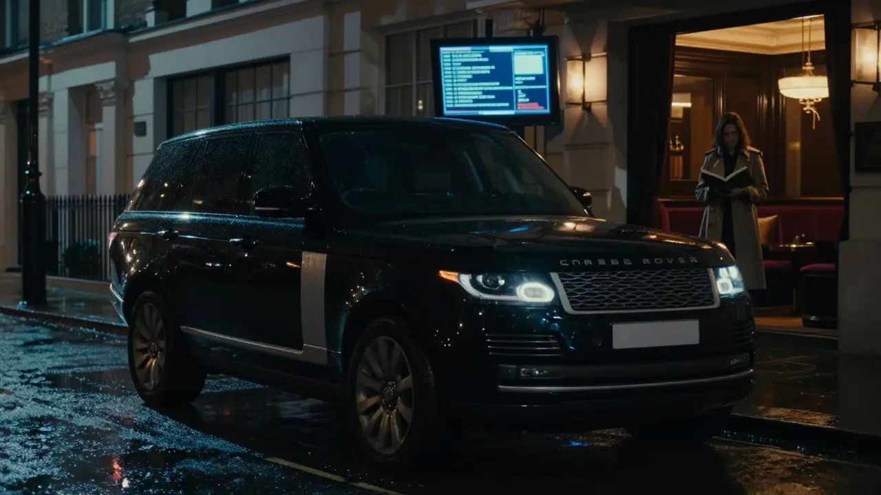 A black Range Rover with tinted windows drives silently through rain-soaked Knightsbridge at night.
