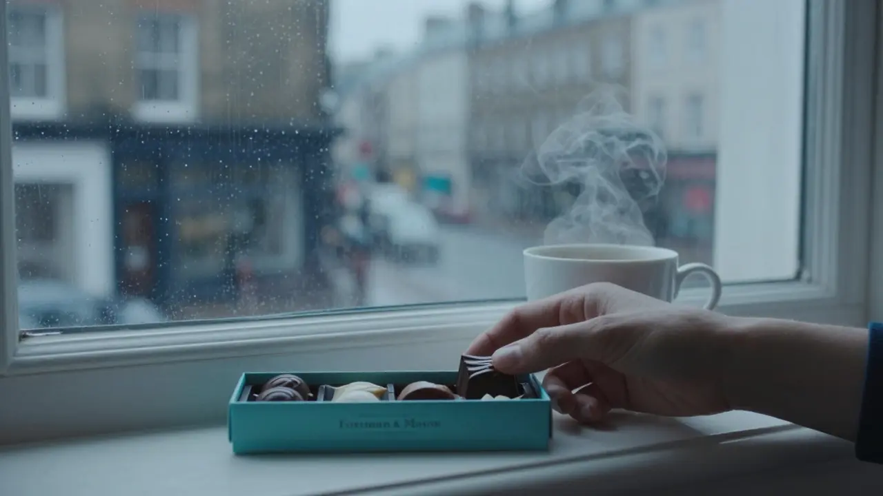 A box of artisan chocolates and a steaming coffee cup on a rainy London windowsill.
