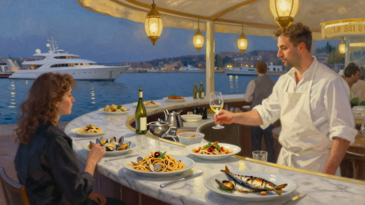 A bustling seafood bar in Monaco’s port with fresh pasta and superyacht reflections at dusk.