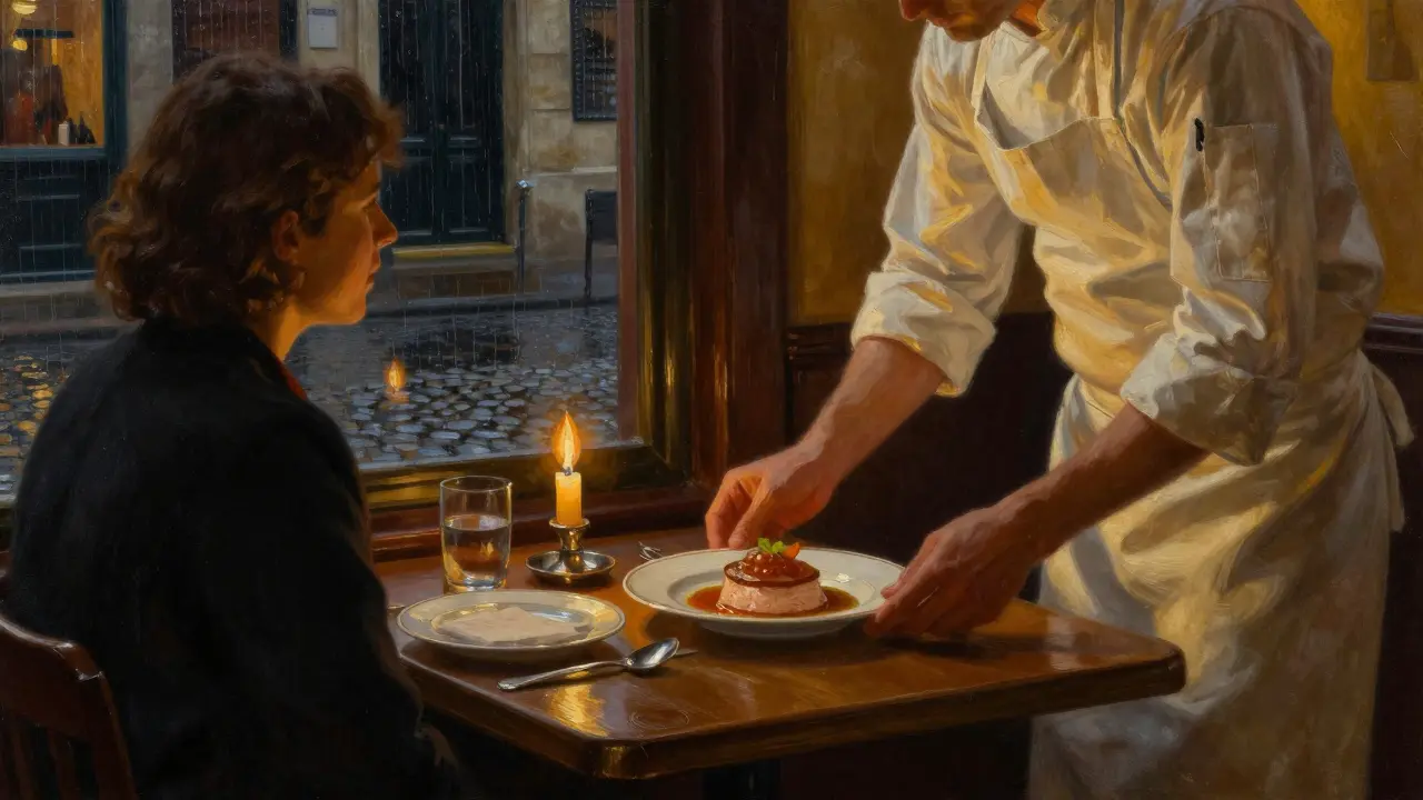 A chef serving duck liver mousse in a dimly lit Paris bistro at midnight.