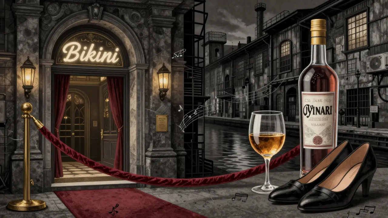 A conceptual blend of Milan’s nightlife venues: velvet ropes, wine glasses, and industrial textures.