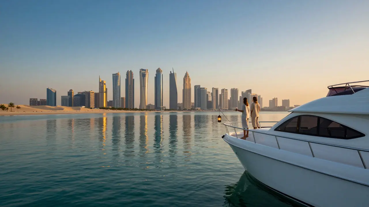 A couple on a private yacht at sunset along Abu Dhabi's Corniche, city lights reflecting on calm water.