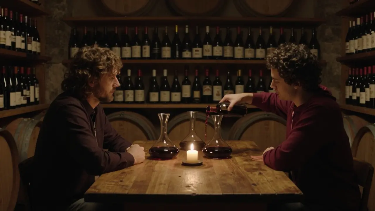 A couple shares a silent wine tasting in a candlelit cellar, surrounded by wooden barrels and soft glowing light.