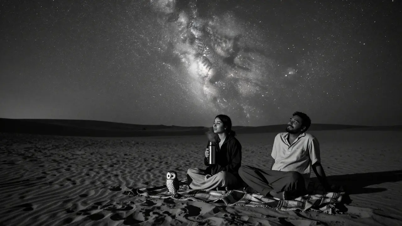 A couple under a star-filled desert sky, a ceramic owl resting on a blanket between them in the quiet night.