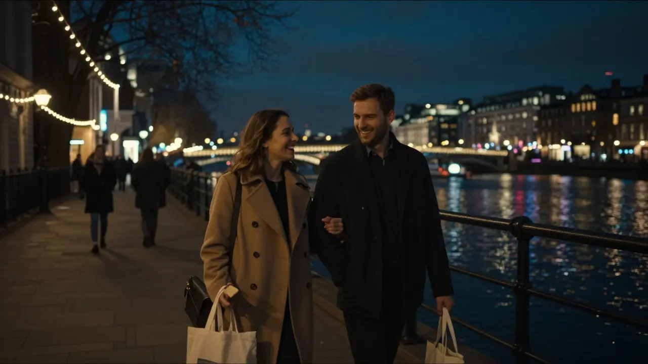 A couple walking peacefully along the Thames at night under string lights in Covent Garden.