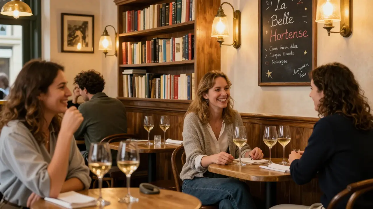 A cozy Parisian bar with patrons chatting warmly under soft lighting, books and wine glasses on wooden tables.