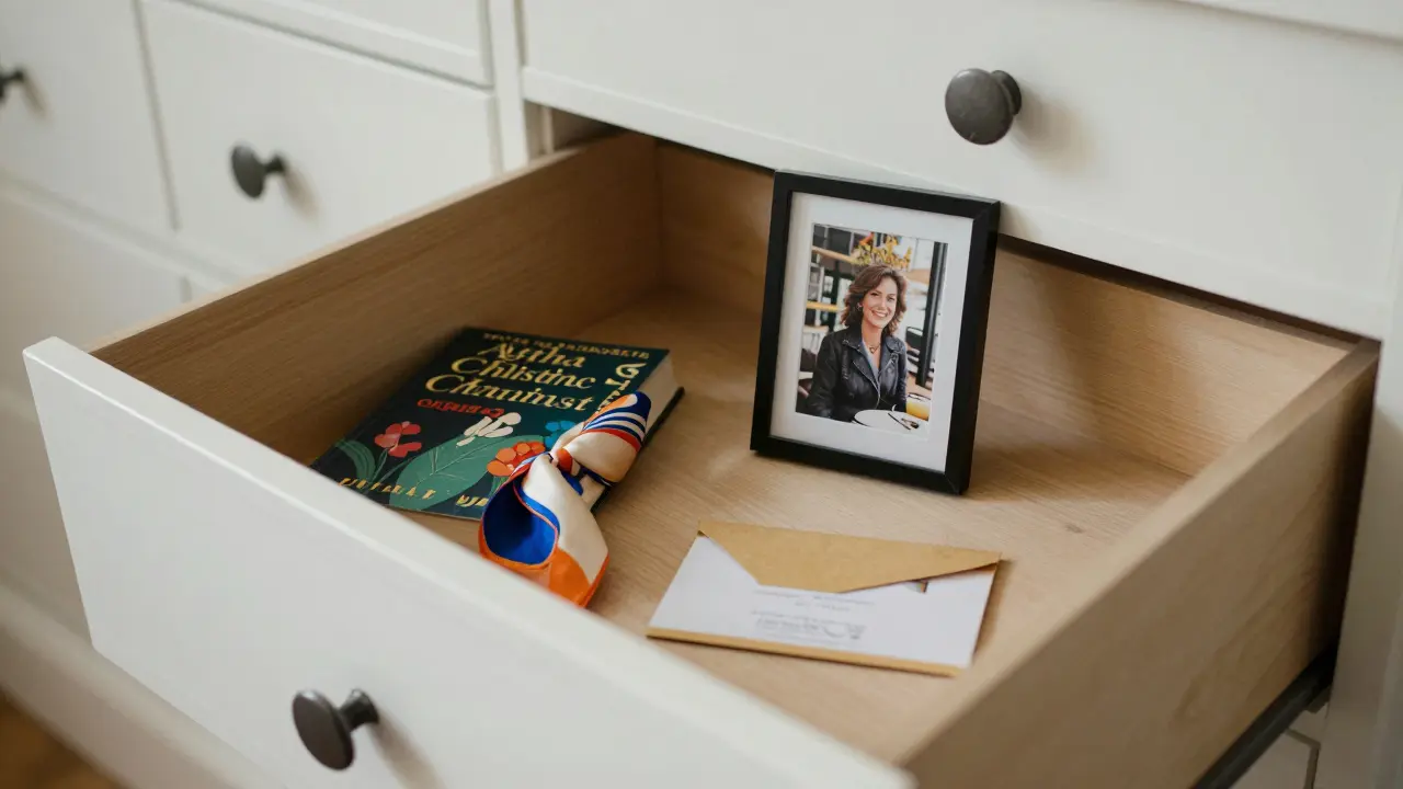 A dresser drawer with a few thoughtful gifts: a vintage book, scarf, and gift card, no luxury items.