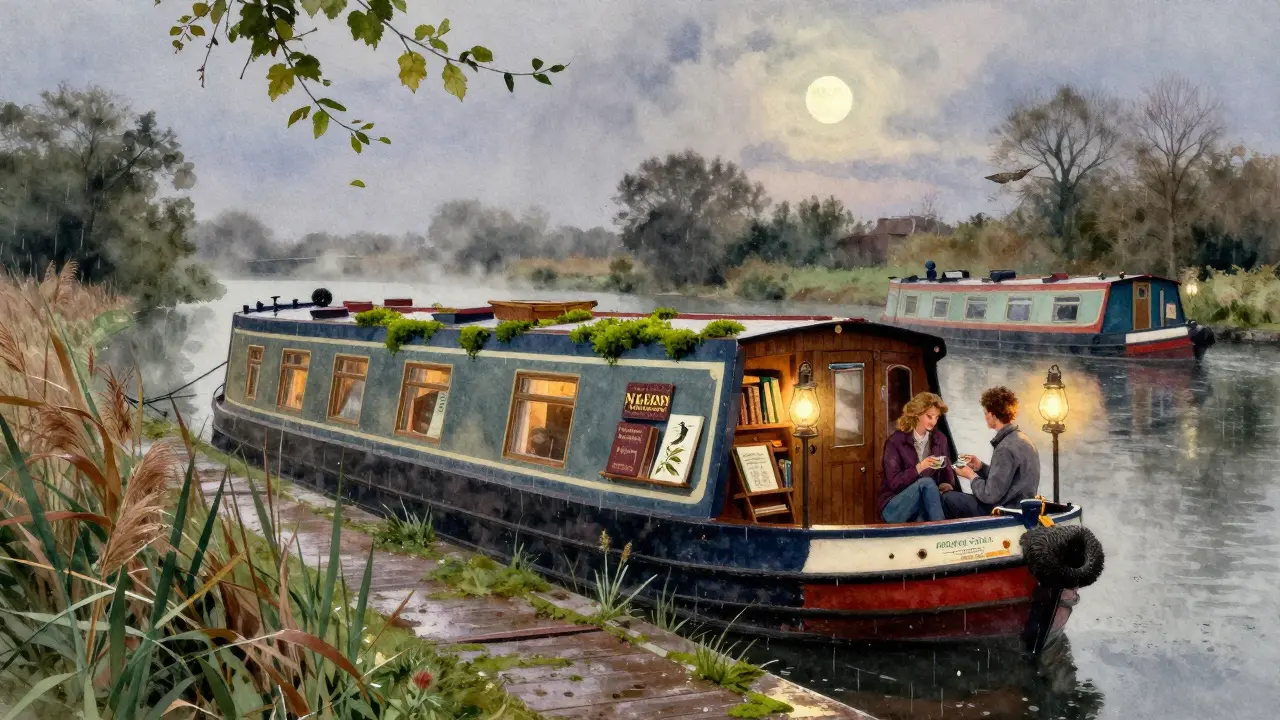 A floating pub on a canal at dusk, surrounded by reeds and lit by lanterns, with books and quiet guests on deck.