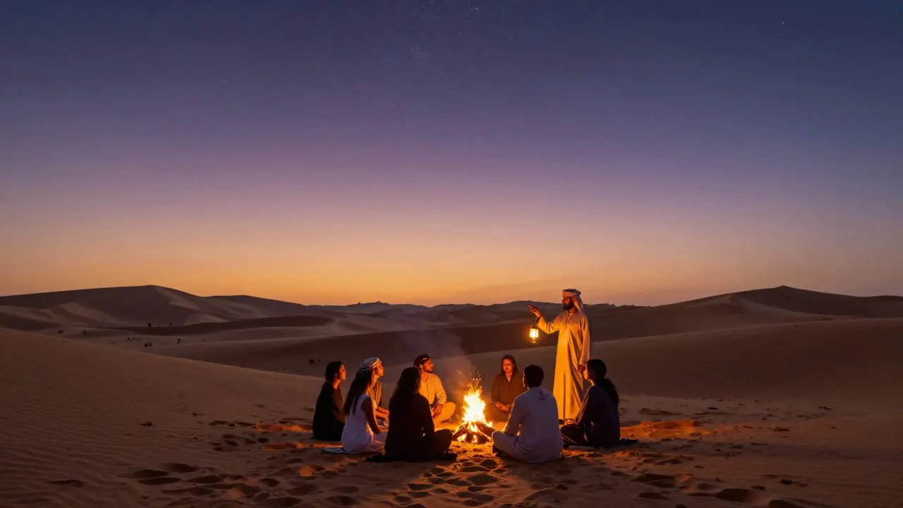 A group enjoying a desert safari under the stars with a Bedouin storyteller by a fire.
