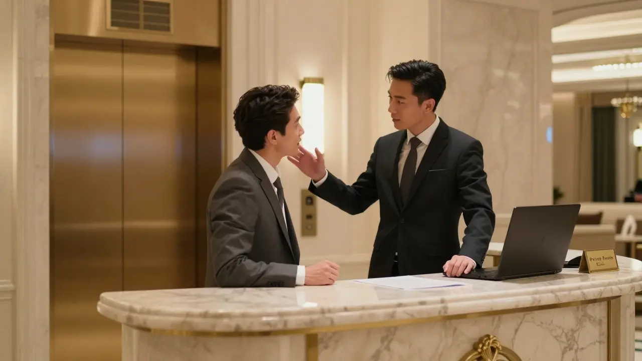 A guest speaking privately with a hotel concierge at a luxury Dubai hotel.
