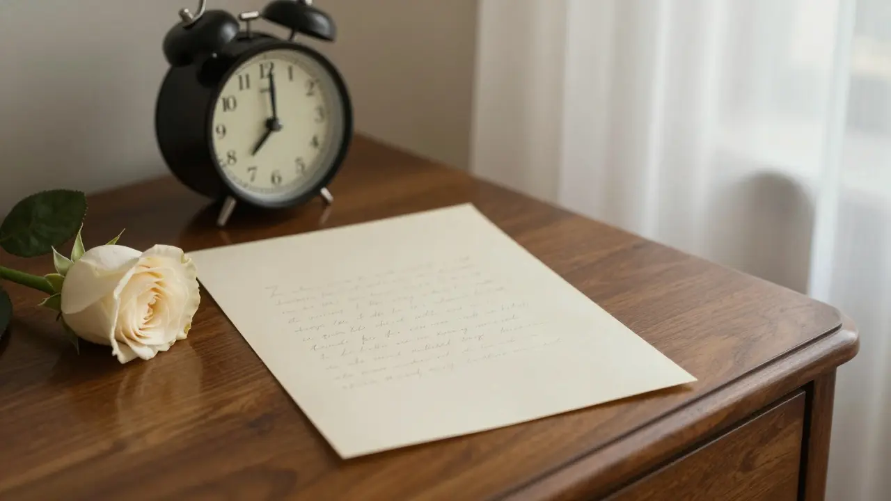 A handwritten note on a nightstand beside a rose and clock, morning light filtering through curtains.