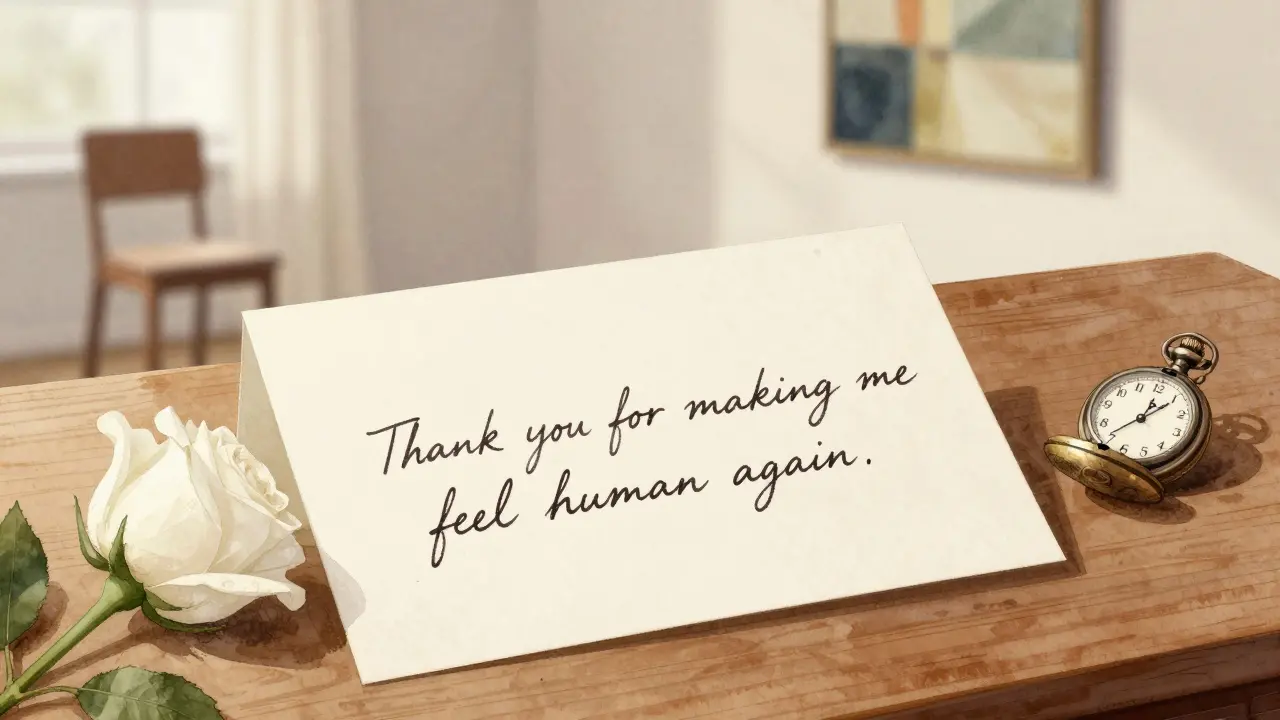 A handwritten thank-you letter lies beside a white rose and pocket watch on a wooden desk.