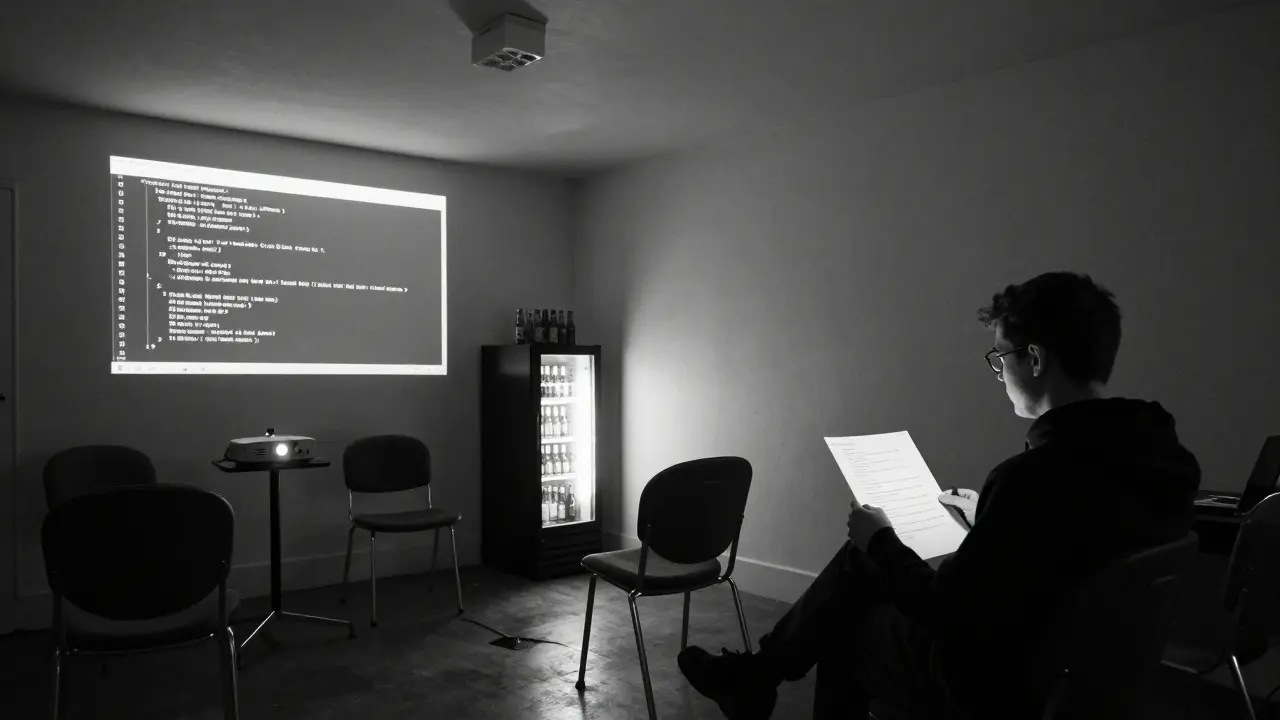 A hidden basement room with a projector showing GitHub commits, lit only by screens and soft shadows.