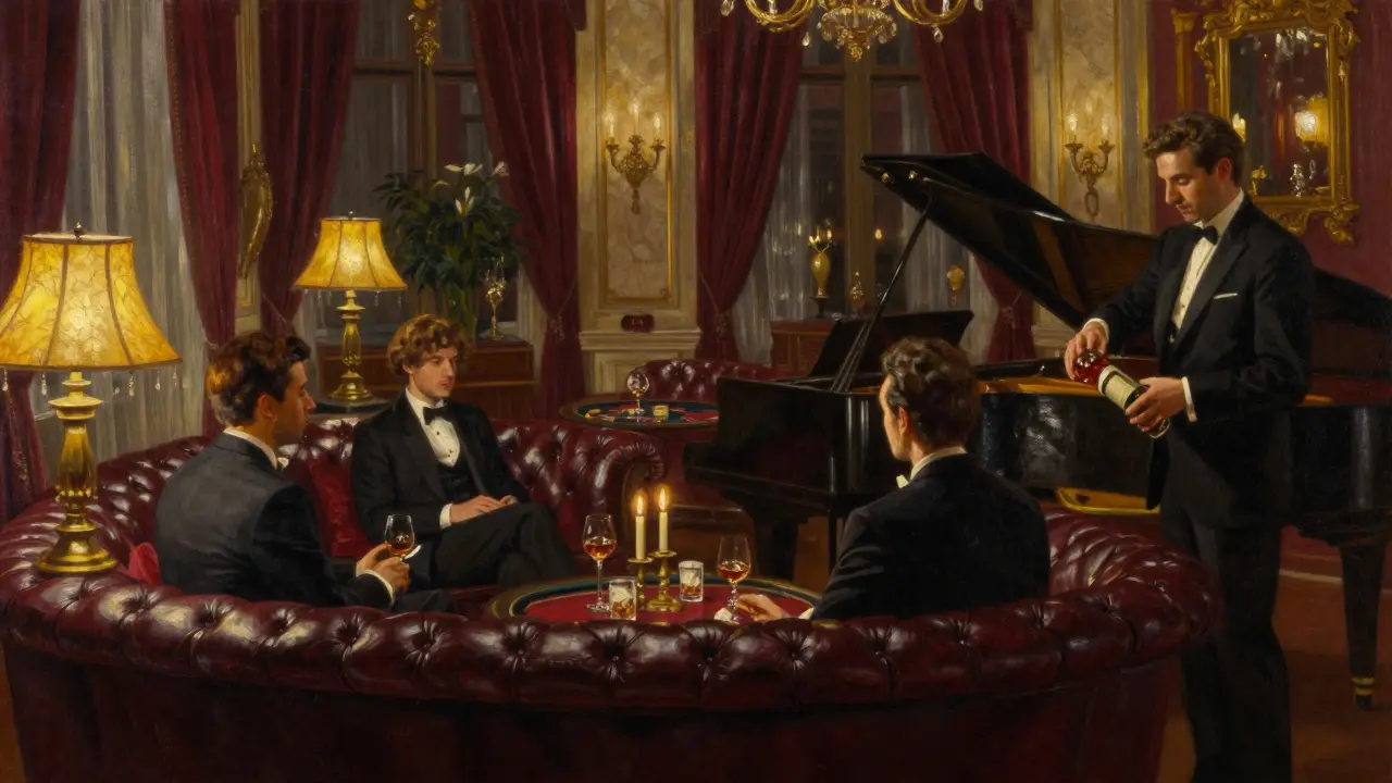 A luxurious private salon inside Monte Carlo Casino with a pianist playing and guests conversing in candlelit elegance.