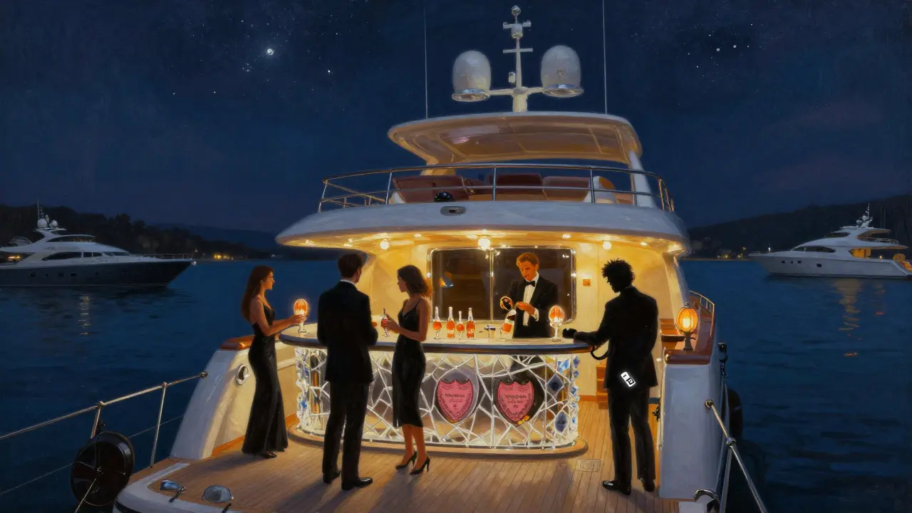 A luxury superyacht at sea under stars, guests in black tie sipping champagne on deck.