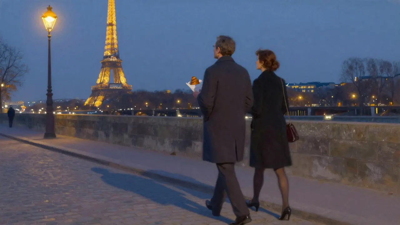 A man and companion walking along the Seine as the Eiffel Tower sparkles at dusk.