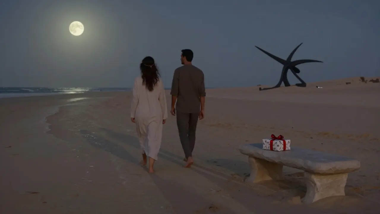 A man and woman walking barefoot on a moonlit beach, a small wrapped gift on the sand nearby.