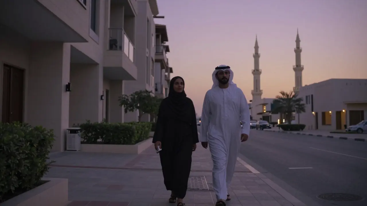 A man and woman walking respectfully along a quiet Dubai street at dusk, dressed modestly.