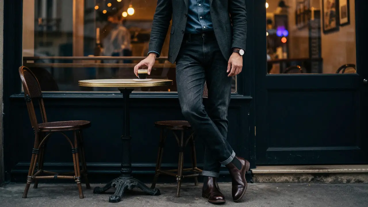 A man in dark jeans and blazer stands by a café in Paris, wearing leather boots and a minimalist watch.