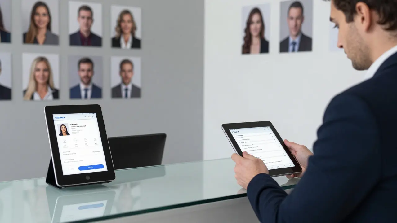 A man reviewing verified escort profiles on a tablet in a minimalist, professional agency reception.