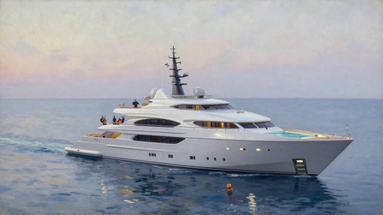 A massive superyacht glides at dawn near Monaco, a single champagne cork floating in the calm sea.