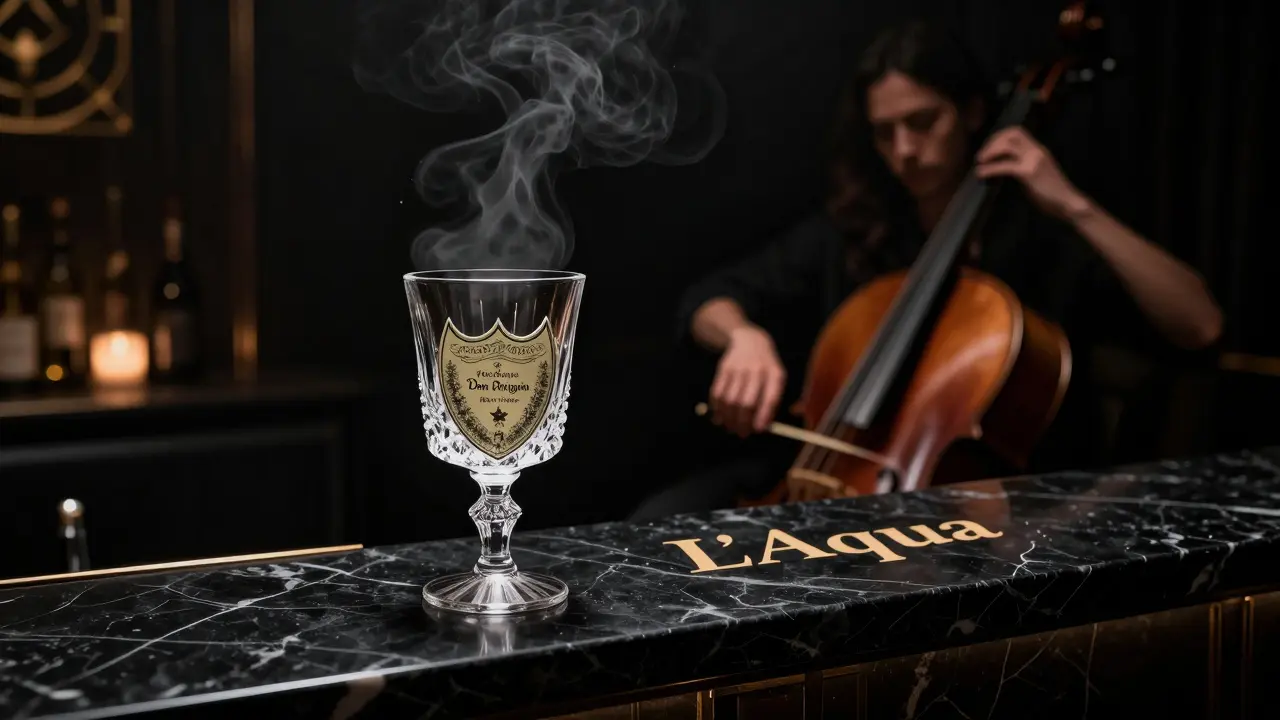 A private underground lounge with a crystal glass engraved with initials, lit by ambient light and shadow.