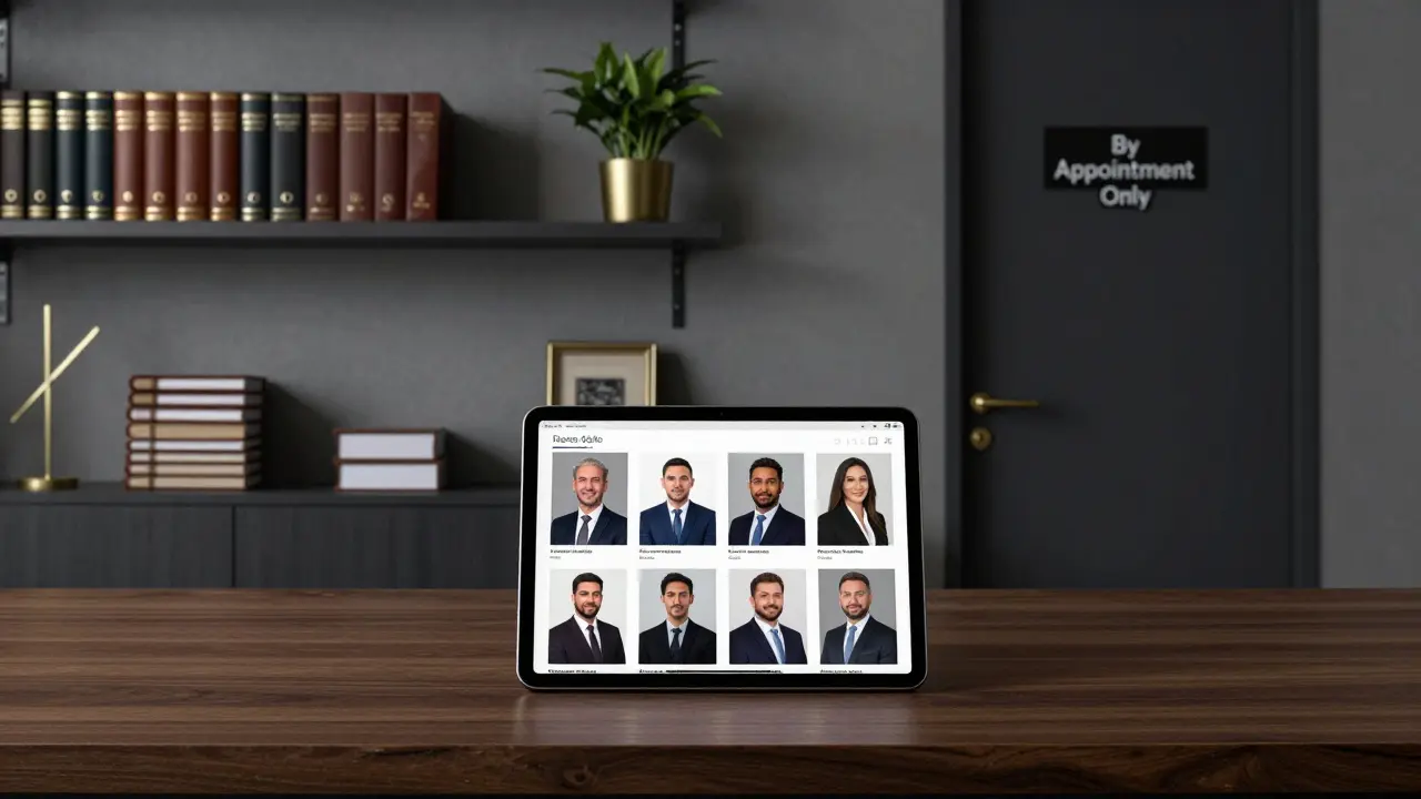 A professional agency office with curated portraits on a tablet, minimal decor, and a door marked 'By Appointment Only'.