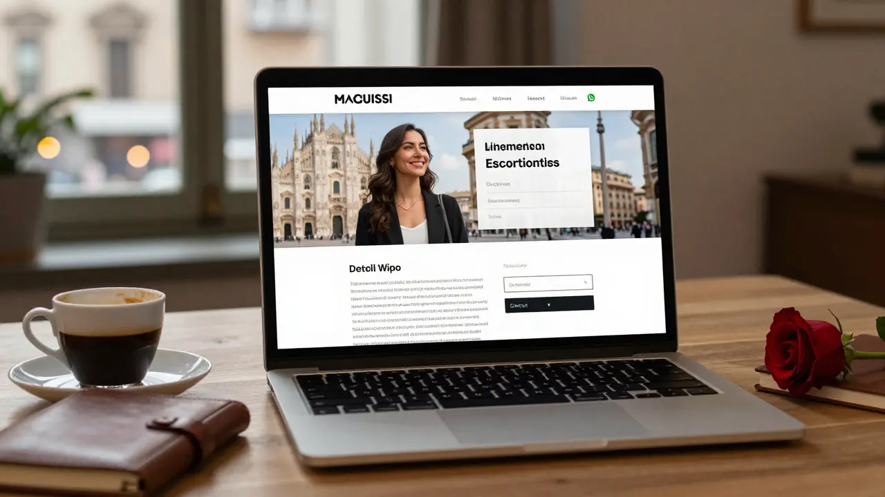 A professional escort's website on a laptop with natural photos, a bio, and no explicit content, beside a cup of espresso and a rose.