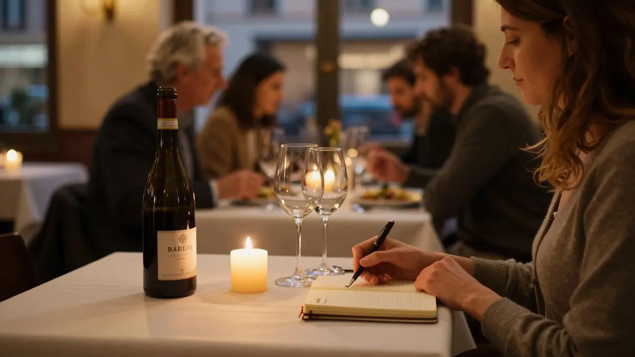 A quiet dinner at La Peretta with candlelight, wine, and an open notebook beside a woman’s hand.
