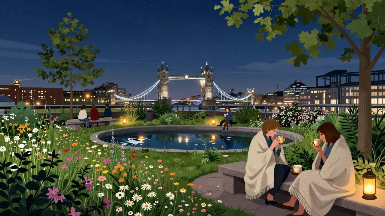 A rooftop garden under a starry sky with wildflowers, a small pond, and guests relaxing in blankets under lantern light.