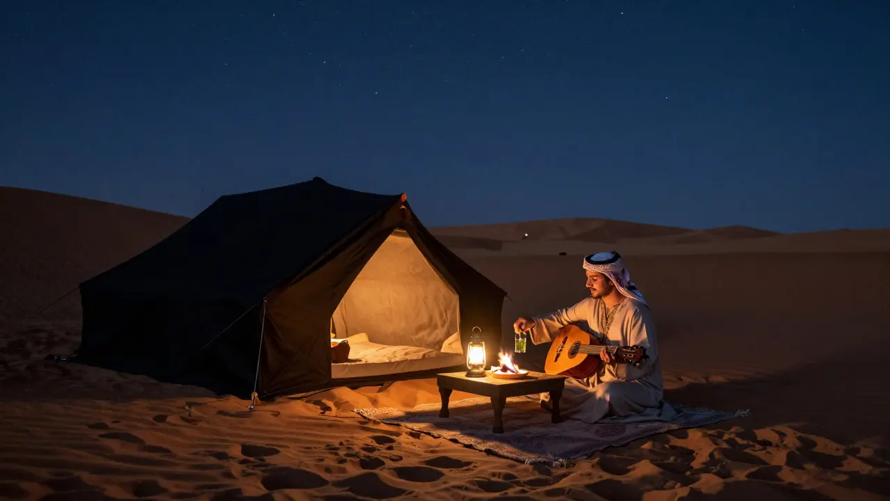 A serene Bedouin tent under starlit desert skies with tea service and soft lantern light.