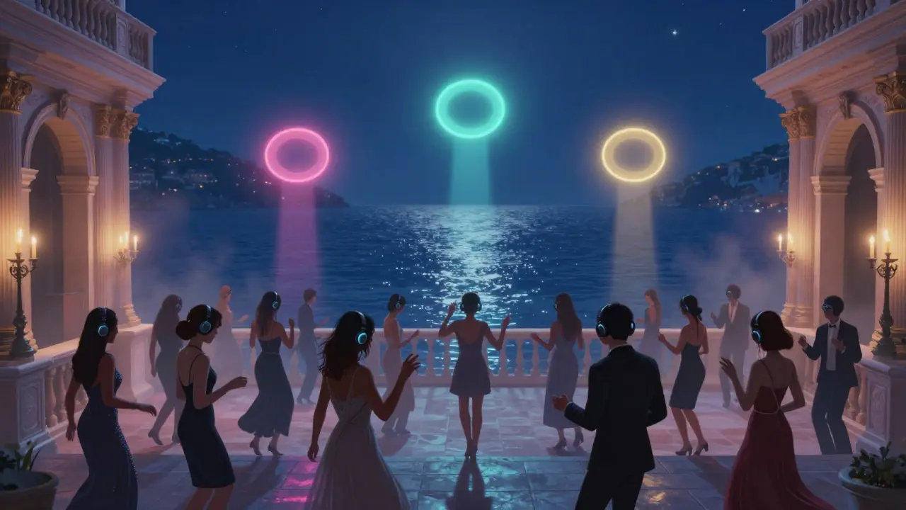 A silent disco on palace steps with people dancing in evening wear under candlelight, sea glowing in the background.