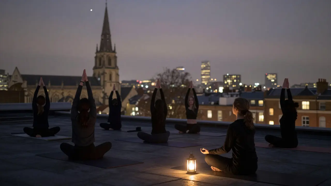 A small group meditates in silent yoga on a city rooftop under lanterns and stars.