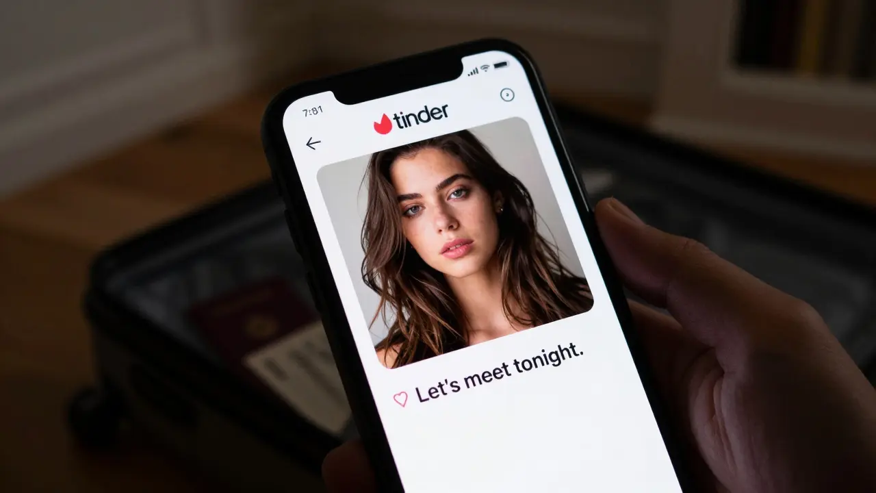 A smartphone screen showing a suspicious dating profile in a dark room with a passport visible in the background.