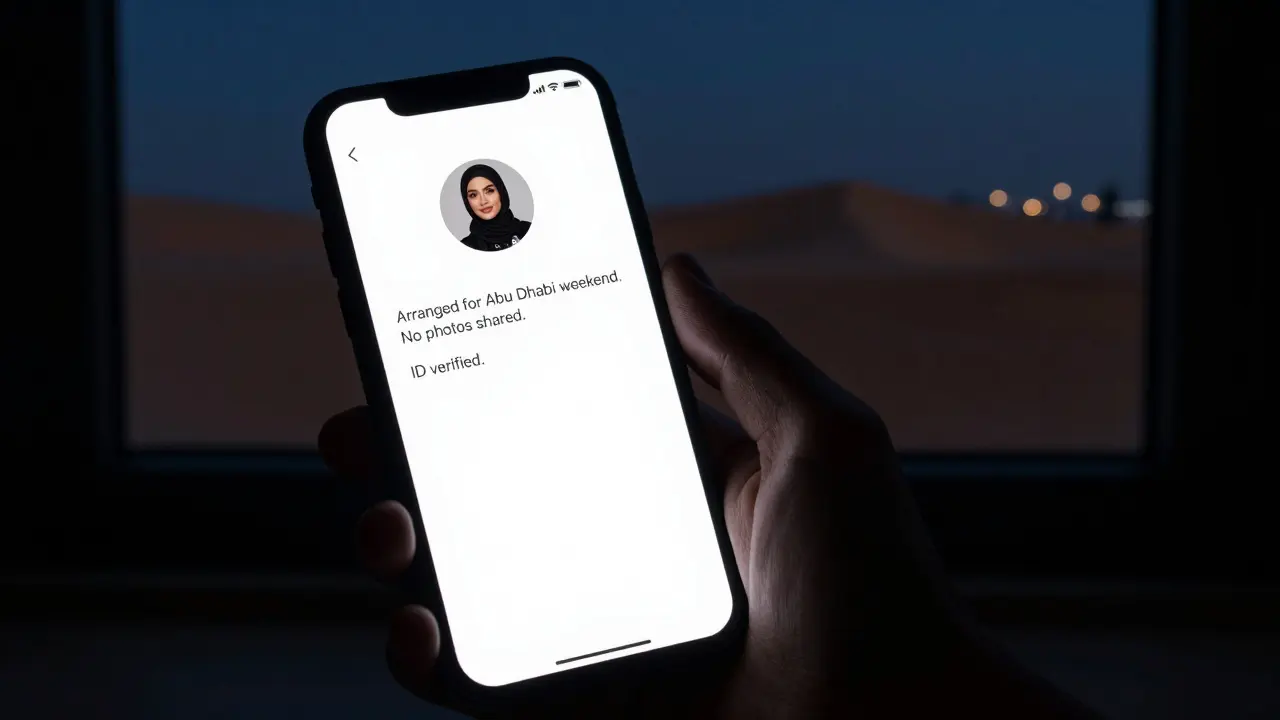 A smartphone showing an encrypted chat with a discreet companion profile in a dark room.