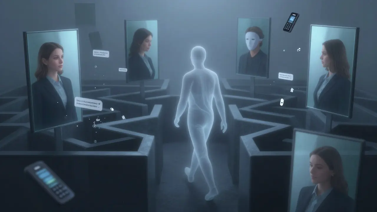A translucent figure walks through a maze of mirrors reflecting different identities, surrounded by digital mist and encrypted symbols.