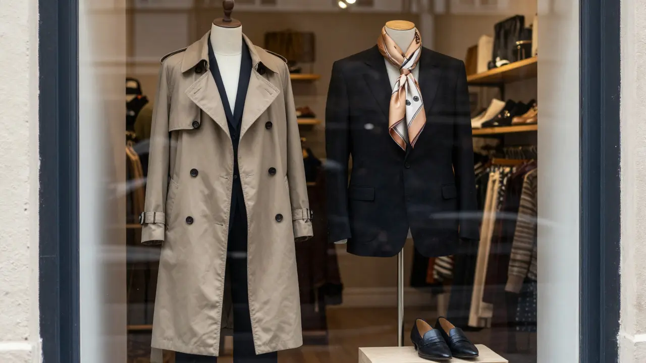 A vintage thrift store window displays a black blazer, silk scarf, and loafers in neutral Parisian tones.