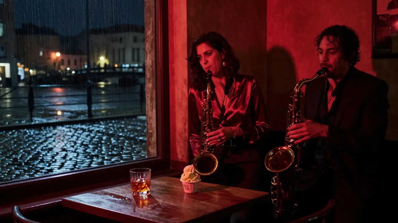 A woman listens to live jazz in a hidden Milan club, rain glistening on cobblestones outside.