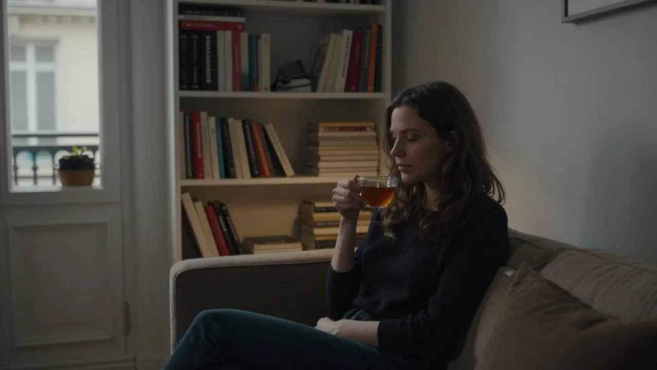 A woman sitting peacefully in a Parisian apartment with books and tea, radiating calm presence.