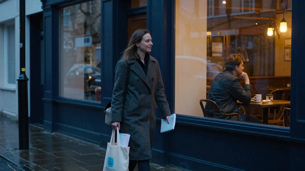 A woman walking alone in Camden at dusk, nursing textbook visible in her bag, rain glistening on pavement.