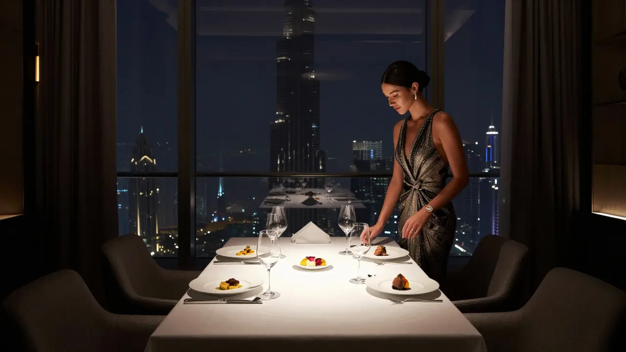 An elegant private dinner at Armani Hotel with personalized cuisine and Burj Khalifa in the background.