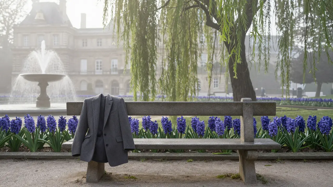 An empty bench in Le Jardin du Luxembourg at dawn, mist rising from the fountain, dew on blooming hyacinths.