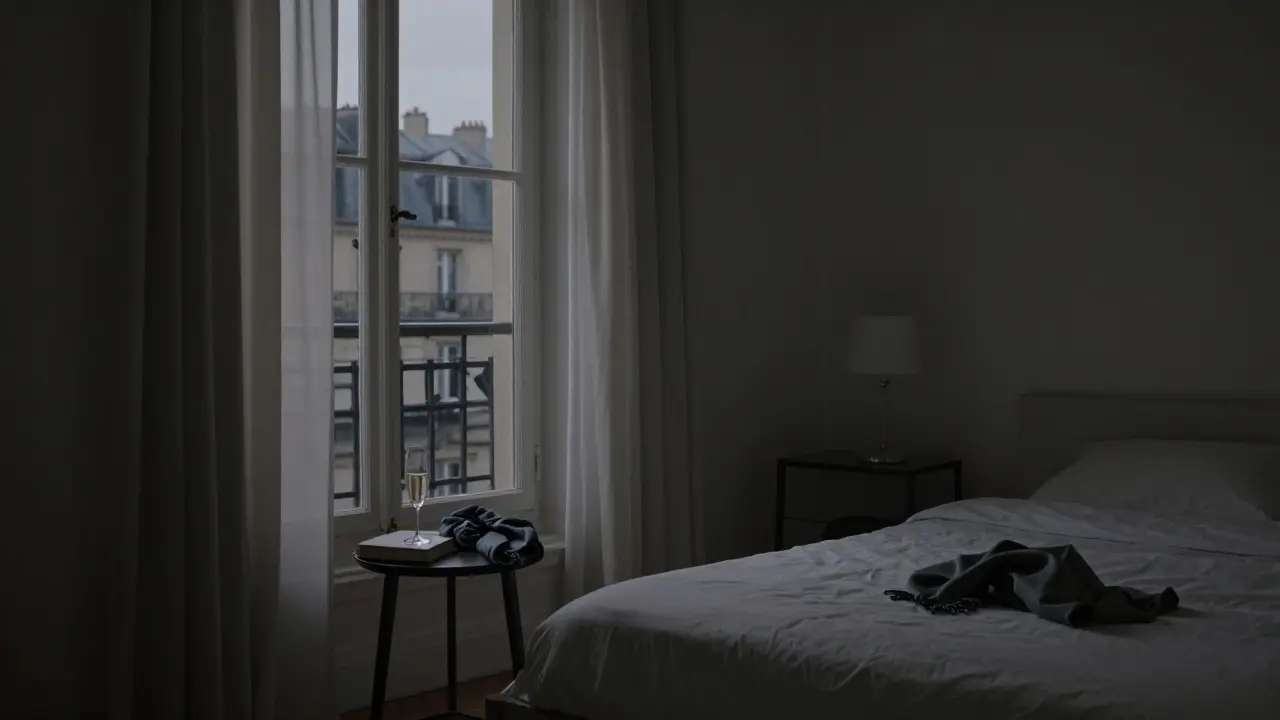 An empty Paris apartment at night with champagne and a book, evoking quiet self-care.