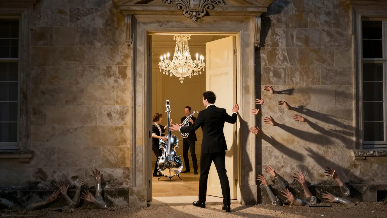 An invisible door glowing in a villa wall, leading to a jazz party with silver instruments.