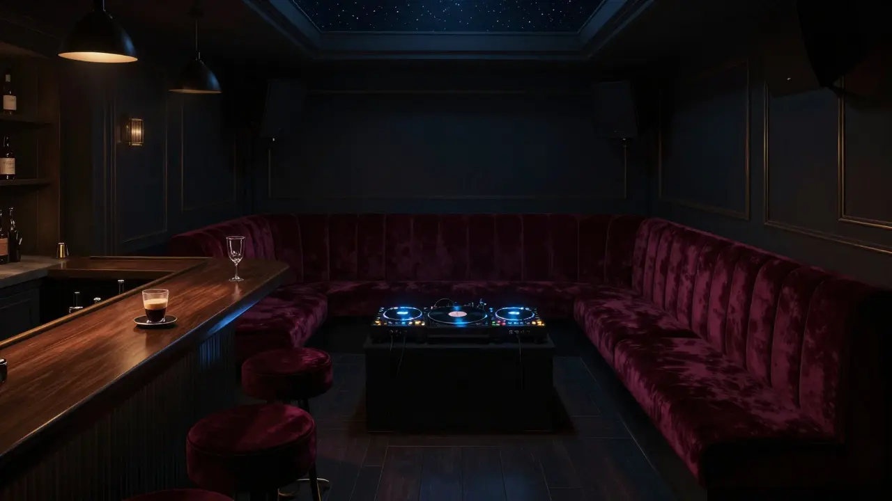 An underground nightclub in Monaco with velvet booths, dim lighting, and a DJ playing deep house.